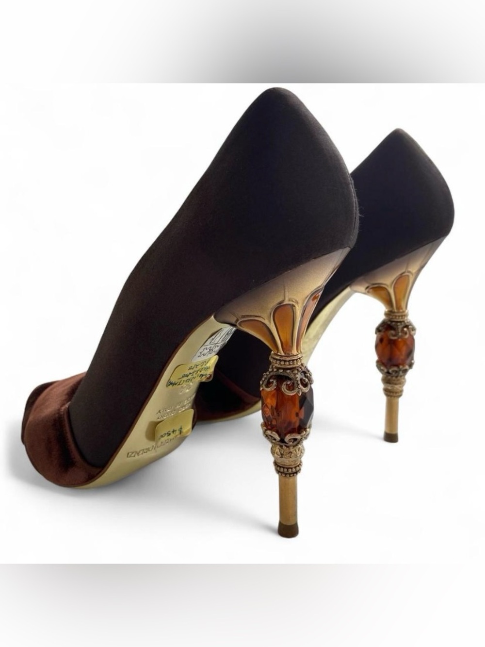 Gianmarco Lorenzi Brown Velvet Peep Toe Pumps Gold Baroque Filigree
Heel Size 36